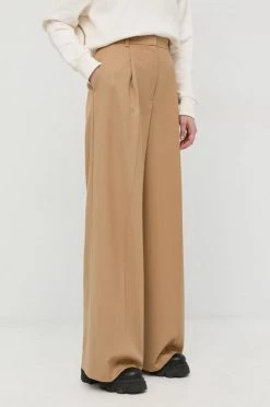 Γυναικεία Υφασμάτινα Μάλλινα παντελόνια BOSS μπεζ,